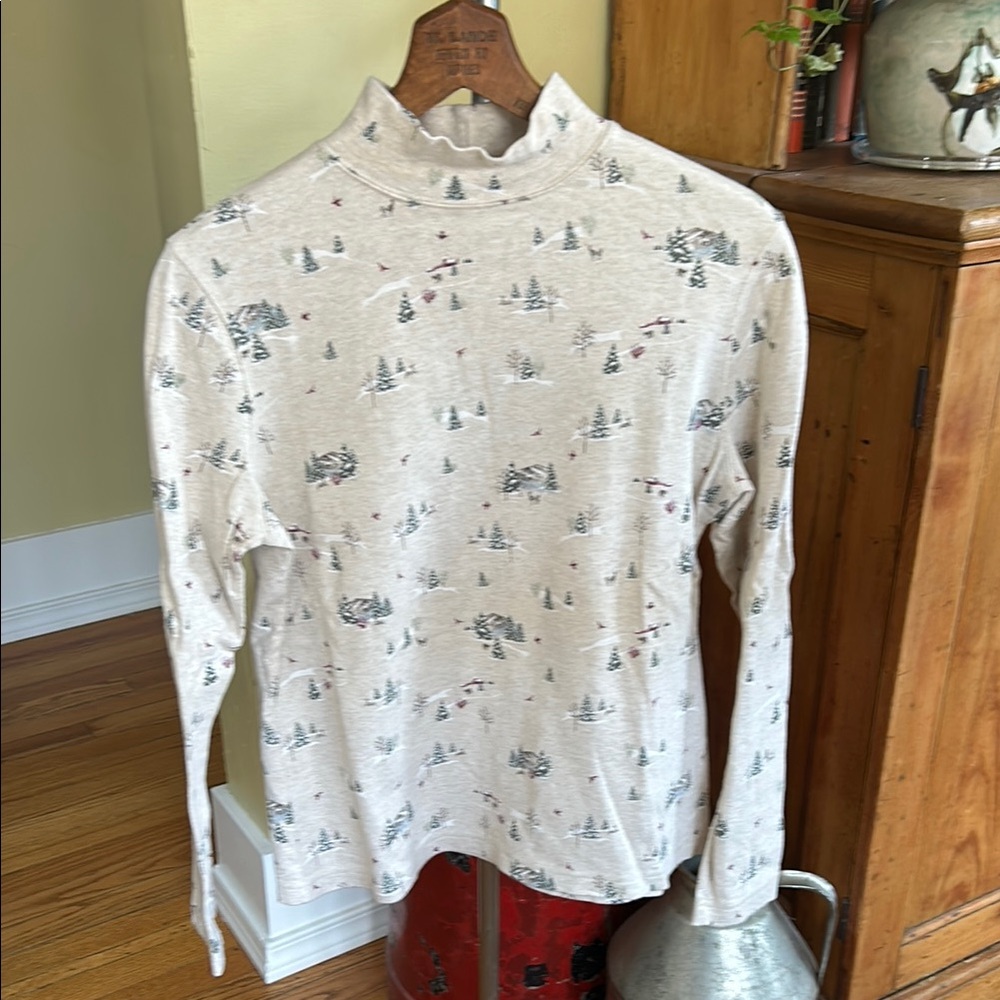 Croft & Barrow Winter Scene Mock Neck Long Sleeve Shirt 100% Cotton